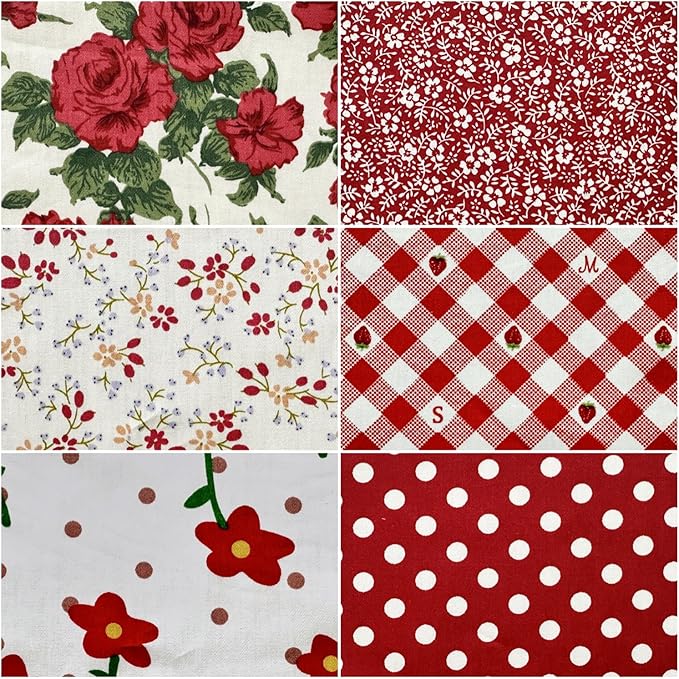 Red Cotton Quilt Fabric Squares 5''x5'', Rose Floral Fabric Bundles Charm Packs for Baby Girls, Quilting Squares for Patchwork and DIY Crafts (42Pcs)