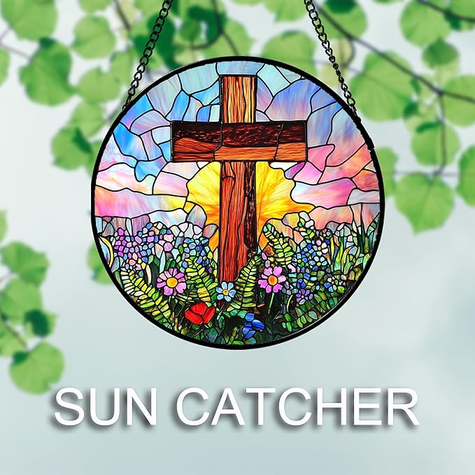 Christian Gifts for Women - Cross Stained Glass Window Hanging Jesus Easter Colorful Wildflowers Sun Catcher Garden Religion Decor Mother's Day Catholic Gift for Men Grandma Mom Her 9.8"