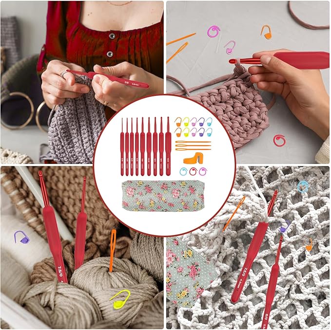 CLYAIYLC 30 Pcs Crochet Hook Set, Red 2-6mm Crochet Hook Ergonomically Designed for Arthritis Hands, Equipped with Knitted Crochet Supplies and Storage Bag, Suitable for Crochet Beginners/Enthusiasts