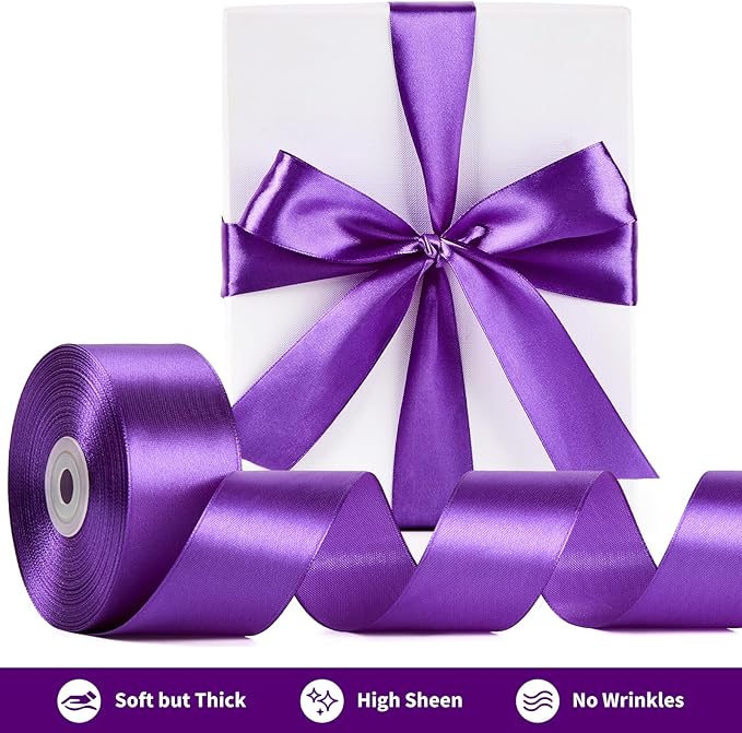 1-1/2 Inch Wide Purple Satin Ribbon, 50 Yards Solid Polyester Fabric Ribbon for Roses Making, Gift Wrapping, Valentine's Day, Wedding Decorations, Crafts, Bows, Flower Bouquets