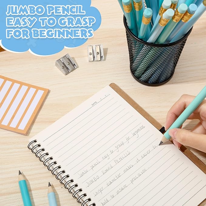 Fainne 102 Pcs Bulk Thick Jumbo Graphite Pencils Set 96 Fat Giant Large Pencils and 6 Sharpeners Enhanced Grip for Art Drafting Writing Drawing Office and Home Use(Teal, Blue,Triangle)