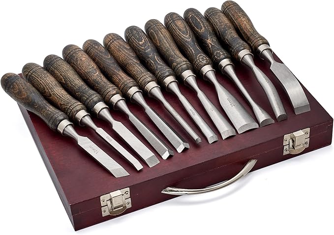 SELFIE CAT 12 Piece Wood Chisel Set for Woodworking Tools Wood Carving Tools with Wooden Case Wood Carving Kit for Beginners and Professionals Black Walnut