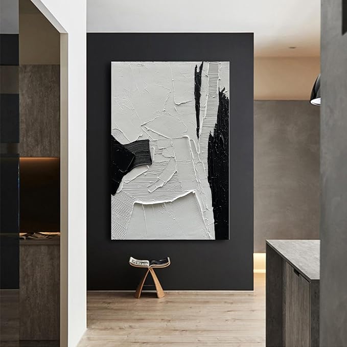 NANKAI Art Hand-Painted Black and White Texture Oil Painting Modern Minimalist Abstract Art 45x30 inch Large Home Wall Deco Art Painting