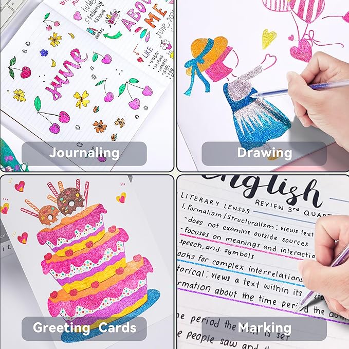 36 Colors Glitter Gel Pens for Art Supplies, Vibrant Sparkle Metallic Ink with Shimmer Effect, Fine Point Capped Set for Coloring Books, Drawing, Journaling, Note Taking and Scrapbooking