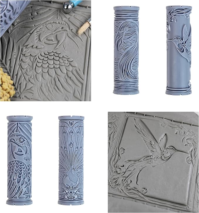 Tropical Bird Collection Clay Texture Rollers 4-Pack (4") - Bird Set #01 - Embossing Pattern Rollers for Polymer & Ceramic Clay, Pottery & Crafts