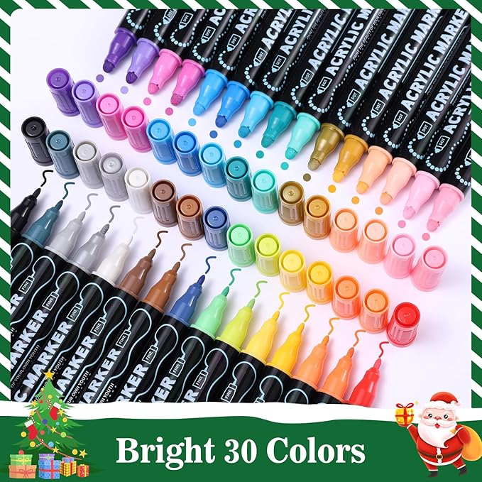 30 Colors Waterproof Dual Tip Acrylic Paint Markers, Dot & Fine Tip Premium Coloring Drawing Paint Pens Set for Paper, Rock, Wood, Canvas, Glass, Ceramic Surfaces and DIY Crafts Art Supplies