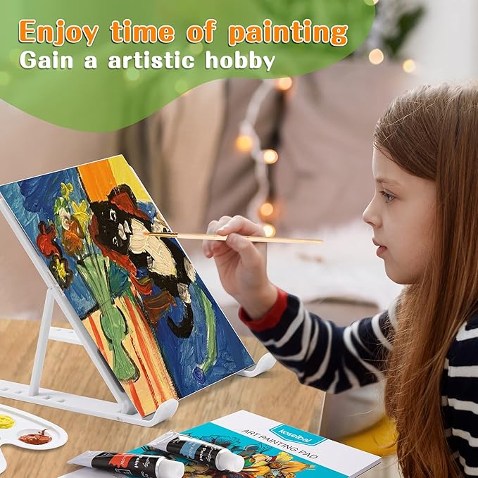 koseibal Acrylic Art Set with 24 Acrylic Paints, 8 DIY Wooden Stencils 5 Canvas Panels 8 Brushes, Table Easel, Etc, Painting Supplies Kit for Kids Students Artists and Beginner