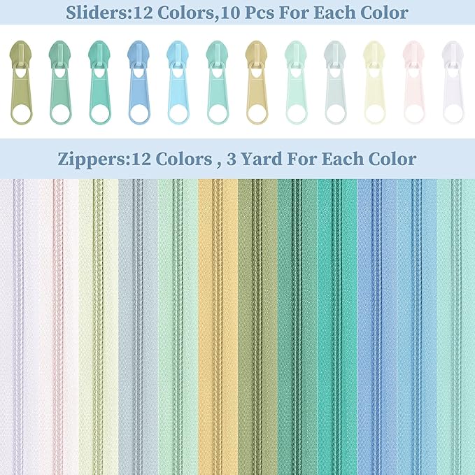 Syhood 36 Yards 12 Pieces #5 Sewing Zippers Tapes Assorted Nylon Lightweight with 120 Plastic Zipper Sliders for Women Men Sewing Supplies(Pale Color)