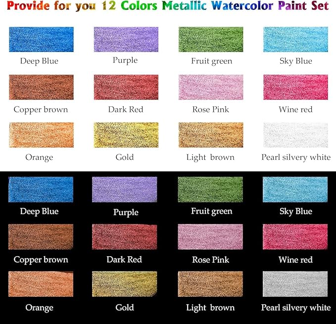 Emooqi Watercolor Paints Set, Metallic Glitter Watercolour Solid Paint Include 12 Metallic Glitter Color 2 Water Brushes 2 Color Card Storage Bag, Ideal for Illustrations Painting.