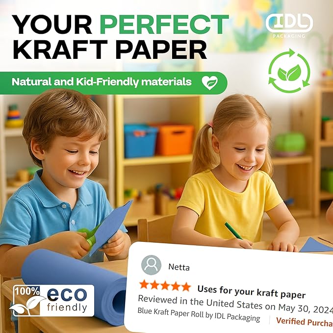 48" x 1200" (100 ft) Blue Kraft Paper Roll, Pack of 4 - USA-Made Quality Craft Paper for Gift Wrapping, Kids' Arts & Crafts, School Projects - 100% Recycled, 50 lb Natural Material by IDL Packaging