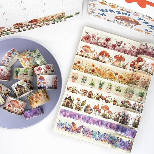 Washi Tape Set 13 Rolls - Mushroom Butterfly Floral Decorative Tape, Colored Masking Tape for Scrapbooking Supplies, Bullet Journal Supplies, Junk Journal, DIY Crafts Art