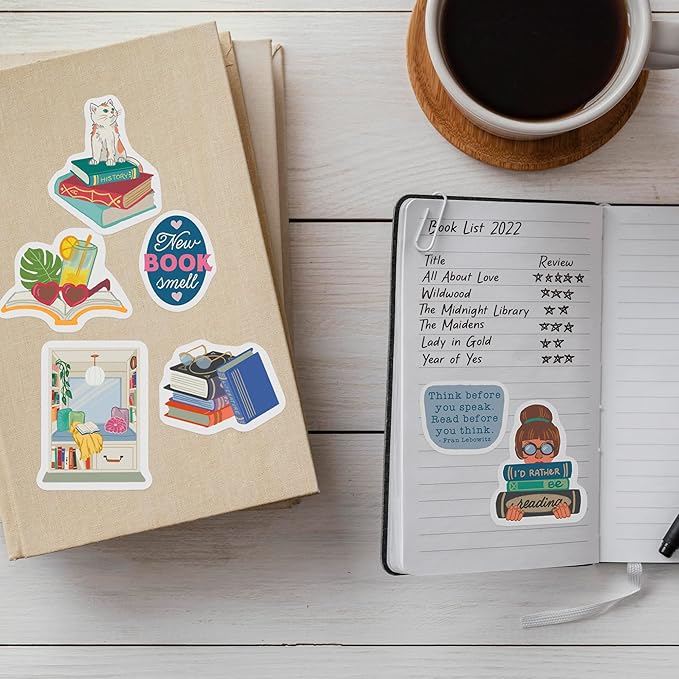 Navy Peony Cozy Book Lover Stickers (30 Pieces) - Reading Quotes, Calming, Waterproof | Library Stickers for Laptops, Water Bottles, Scrapbooks