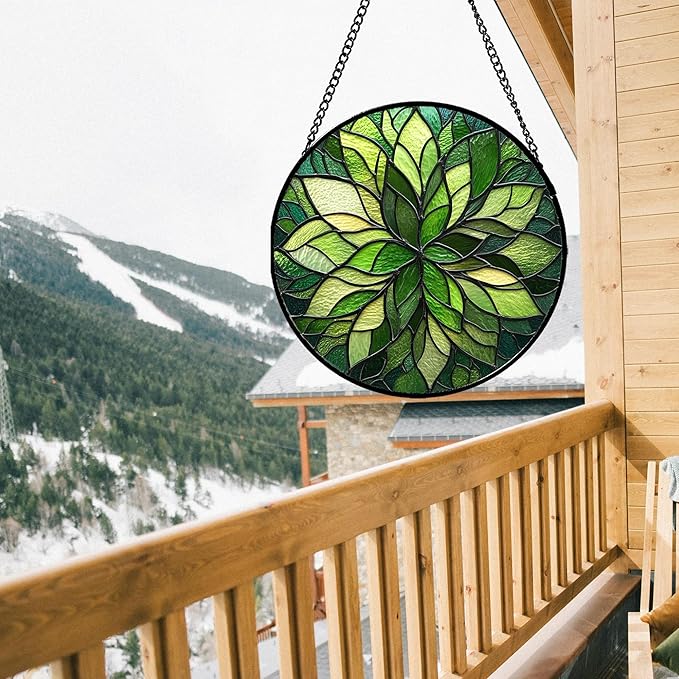 Stained Glass Window Hanging - Green Gradient Flowers Suncatcher for Doors Window Home Plant Sun Catchers Decor Christmas Mother's Day Birthday Gifts for Teacher Women Men Mom Nana 6.3 in