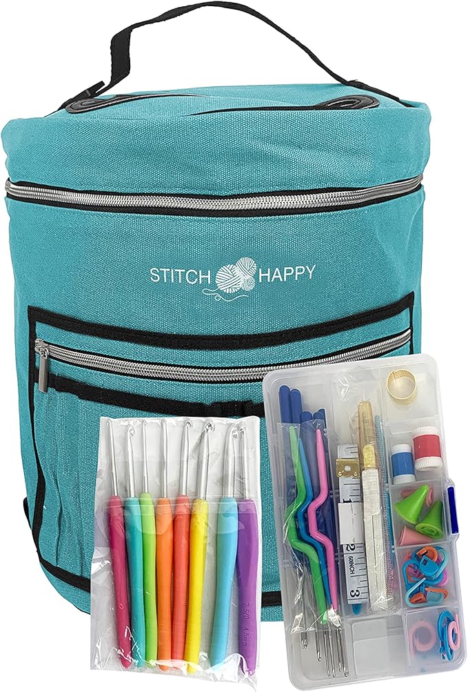 Designer Stitch Happy Crocheting Kit: 52 Piece Crochet Kit for Beginners & 7 Pocket Yarn Bag, Signature Yarn Storage - Peacock