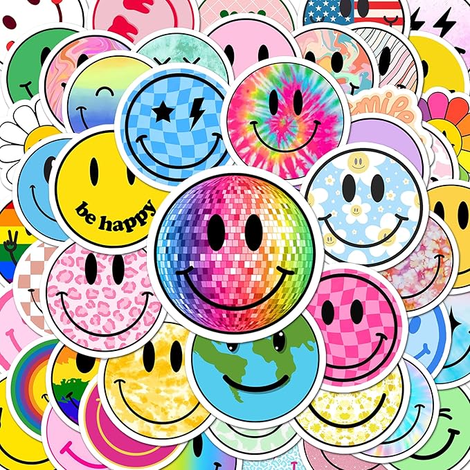 BEATRI Smiley Face Stickers - 50pcs | Waterproof Vinyl Stickers Teaching Rewards, Laptop, Notebooks, Stationery, Luggage | Non-Repeating Decals, High-Definition Print
