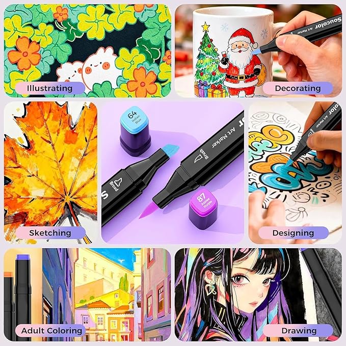 Soucolor 61 Colors Pastel Alcohol Based Markers Set | Professional Dual Tip Art Markers with Brush & Chisel Tips | Includes 1 Blender & Carry Case | For Artists, Adults Coloring, Drawing, Illustration