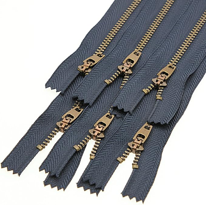 Metal Zipper for Jeans 4" Antique Brass Y-Teeth Zipper #4 Close End Jeans Zippers 4" 6pcs,(Navy-Brass)