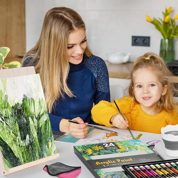 Acrylic Art Set, Painting Supplies Kits with 24 Acrylic Paints(22ml), 8 Brushes,1 Wooden Easel,1 Palette etc, Paint Kit for Kids,Adults and Artists