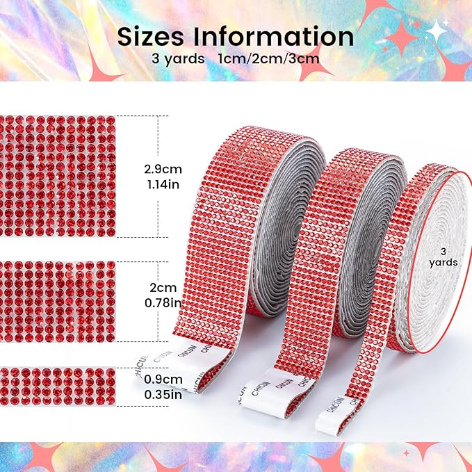 Novani Self Adhesive Rhinestone Ribbon, 0.35 Inch Wide 3 Yards 1 Roll, Red Crystal Diamond Bling Strips for DIY Crafts,Home Decor,Glitter Glass Rhinestones Tape for Crafting,Car Decoration
