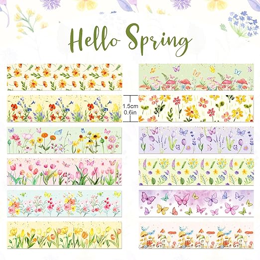 12 Rolls Floral Washi Tape Set, Butterfly Tulip Flower Writable Masking Tapes, Colored Decorative Adhesive Tape for Scrapbooking Journals DIY Crafts School Supplies Mother's Day Gift Packaging 16.4FT