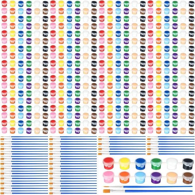 Qilery 840 Pcs Mini Acrylic Paint Set 60 Set 12 Colors Washable Paint Strips 60 Pcs Flat Brushes 60 Pointed Brushes for Arts Christmas Crafts Birthday Party Favors(3 ml)
