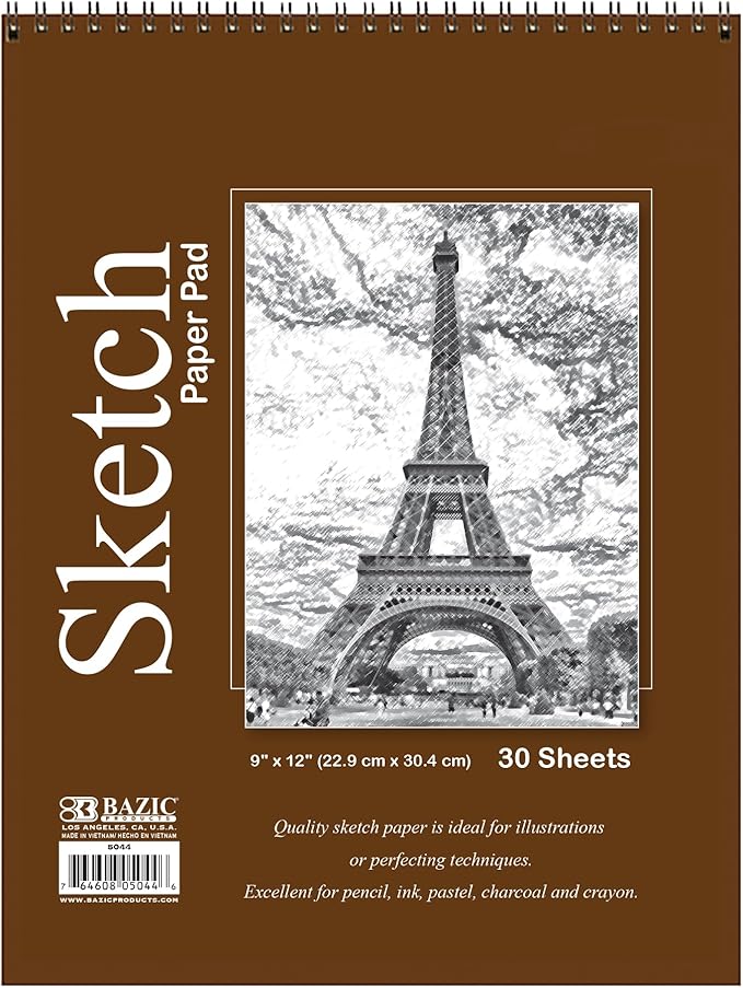BAZIC Products Sketch Pad 30 Sheets 9" X 12", Top Bound Spiral Sketchbook Drawing Pads, Sketching Paper Coloring Book for Artist School, 48-Pack