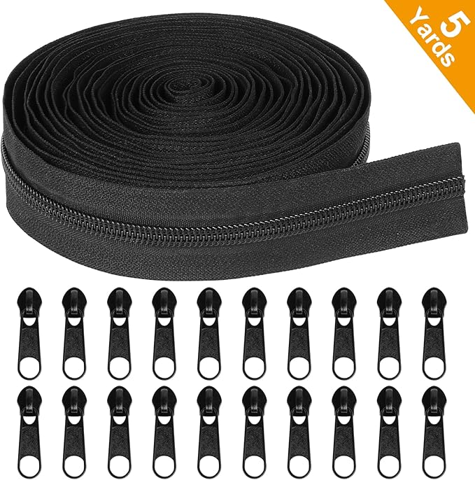MiniRed 5Yards Bulk Zippers, (#5) Black Nylon Coil Zipper by The Yards for DIY Sewing Craft Bags with Replacement 20PCS Sliders (#5 Black)