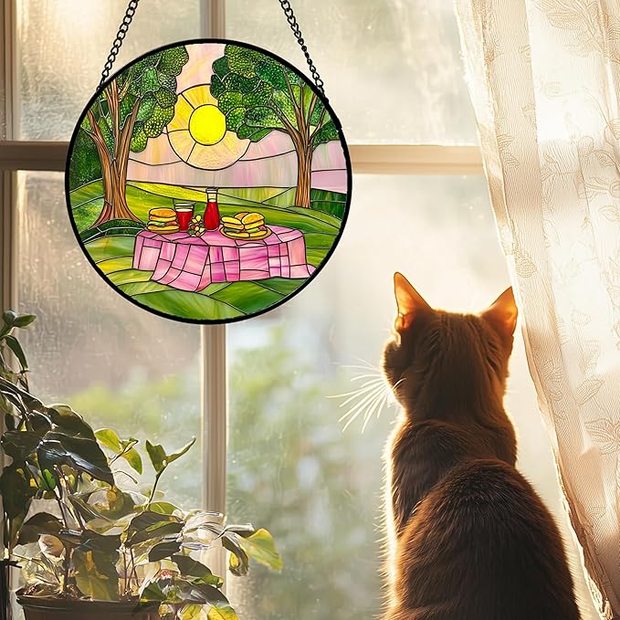 Stained Glass Window Hanging 4 Pcs Set Pink Green Spring Saplings Flowers 6.3" - Suncatcher Door Garden Sun Catcher Home Decor Mother's Day for Woman Nana Mom Men