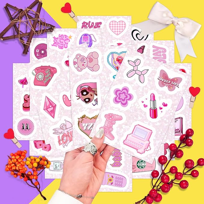 BulbaCraft 100Pcs Y2K Stickers Pink for Water Bottle and Laptop - Y2K Party Supplies & Decorations, Waterproof Vinyl Decals, 2000s and Aesthetic Stickers, Gifts for Women & Men