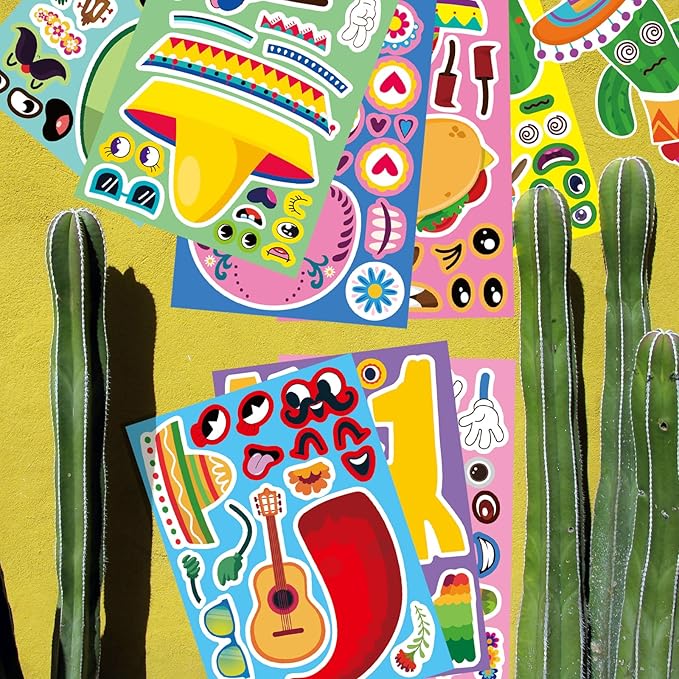 24 PCS Mexican Fiesta Stickers, Make Your Own Mexican Carnival Stickers, Make a Face Stickers for Kids, Cinco De Mayo Tacos Cactus Guitar Sticker for Mexican Carnival Themed Birthday Party Supplies