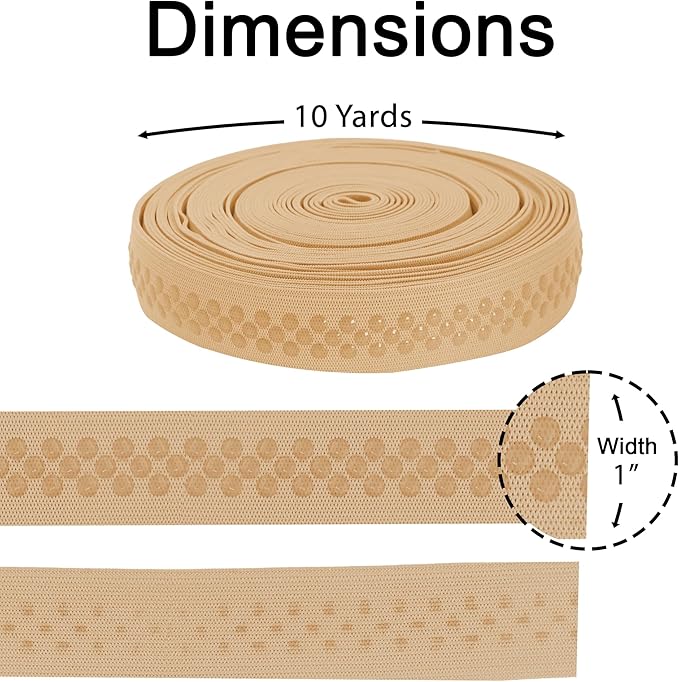 Mandala Crafts 1 Inch Elastic Silicone Gripper Tape for Clothing - 10 Yds Dotted Non Slip Elastic Band for Sewing - Tan Silicone Flat Fabric Stretchy Ribbon Straps