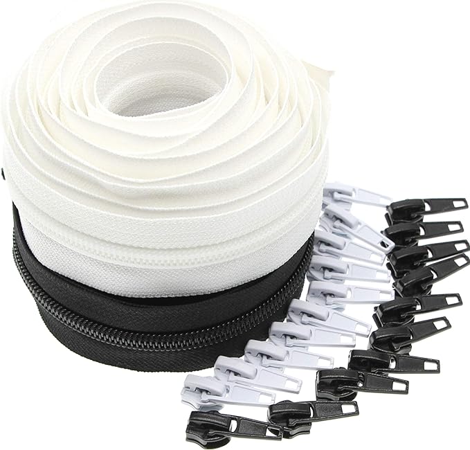 #5 Nylon Coil Sewing Zippers by The Yard Bulk 10 Yards White and Black Colors with 20pcs Matched Sliders for DIY Tailor Sewing Craft,Luggage,Dress,Sofa Cushion, Pillow, Bag Leekayer(White and Black)