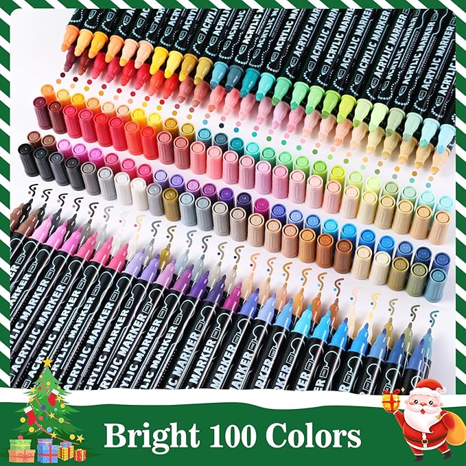 100 Colors Waterproof Dual Tip Acrylic Paint Markers for Adult, Dot & Fine Tip Premium Professional Coloring Markers Set for Rock, Wood, Glass, Ceramic and DIY Crafts Making Art Supplies