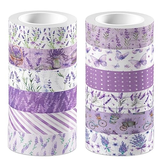 12 Pcs Lavender Washi Tape Purple Floral Masking Tape Decorations Flower Butterfly Decorative Paper Sticker for Journals, Planners, DIY Craft Gift Wrapping Handbook Stickers
