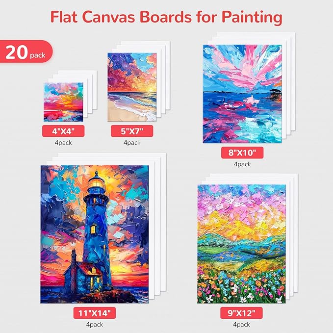 Canvas Boards for Painting 20 Pack, 4 of Each 4x4, 5x7, 8x10, 9x12,11x14 Primed White Art Canvas Panels for Acrylic, Oil Paint, Watercolor