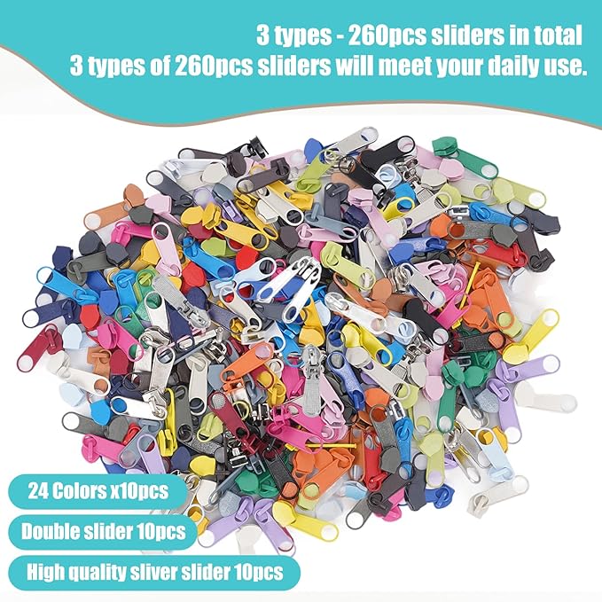 72 Yards 24 Colors #5 Nylon Zipper Rolls by The Yard with 3 Styles 260pcs Sliders,Continuous Zipper Tape for Sewing Projects,Bags,Jackets,and Crafts(24 Assorted Colors, #5)