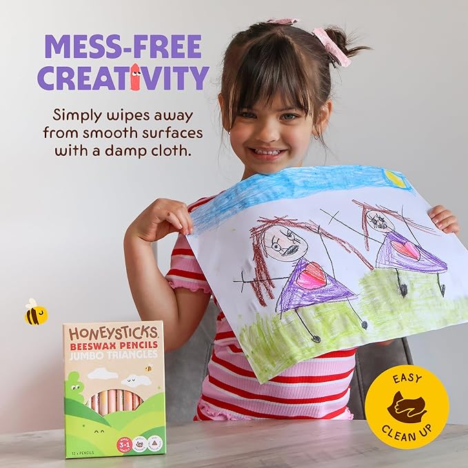 Honeysticks Jumbo Triangle Colored Pencils (12 Pack) - Preschool Pencil with Non-Toxic Beeswax Core, Large Triangular Shape, Easy Grasp, Bright Colors, Toddler Coloring and Drawing, Kids 1-3, 2-4, 3-5