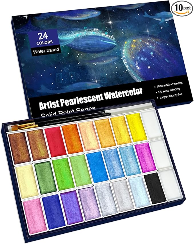6ML Shimmer Watercolor Paint Set, 24 Colors Glitter Metallic Watercolour Painting Sets, Solid Pearl Water Color Paints for Artists, Amateur Hobbyists and Painting (24 Colours)