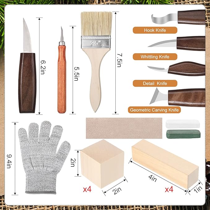 30 Pcs Wood Carving Tools Whittling Kit Include Hand Carving Knife Set Wood Blocks Cut Resistant Gloves Sawdust Brush Sharpening Stone Polishing Wax Sharpening Leather Storage Bag for Beginners