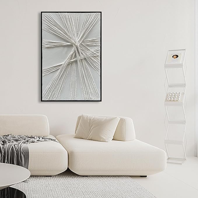 NANKAI Art Hand-Painted Thick Texture White Oil Painting Modern Abstract Art 36x24 inch Home Wall Art Decorative Painting (with Solid Wood Exterior Frame)