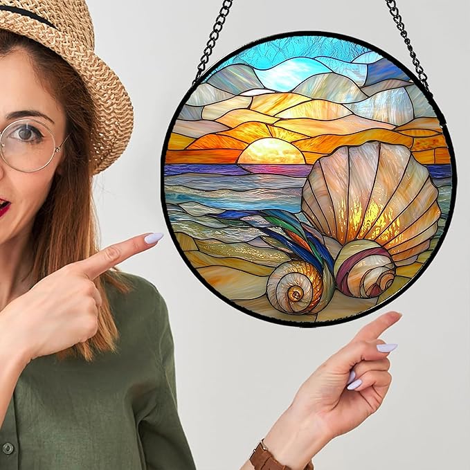 Stained Glass Window Hanging - Colorful Beach Shells Conch Sun Catcher for Door Home Decor Ocean Suncatcher Christmas Mother's Day Birthday Sea Lover Gifts for Women Men Mom Nana 7.8 in