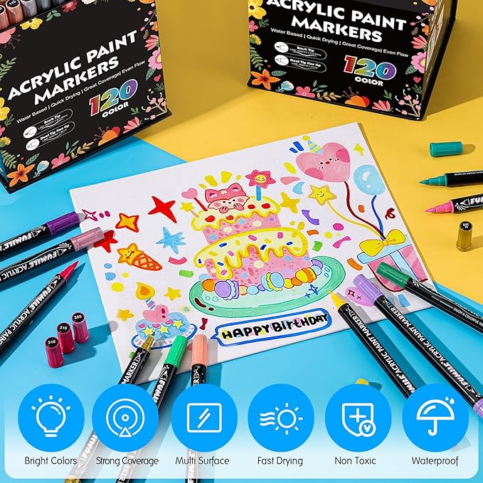 FUMILE 120 Colors Acrylic Paint Markers Dual Tip(Fine and Brush Tip), Acrylic Paint Pens paint Marker for Wood, Rock, Plastic, Glass, Ceramic, Canvas.Acrylic Markers Set for Art Supplies.