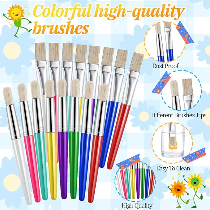 64 Pcs Paint Brushes, Colorful Round and Flat Paint Brushes, Round/Flat Large Painting Brush, Washable, Easy Clean and Hold, for Beginners, Enthusiasts, Acrylic Oil Watercolor Gouache