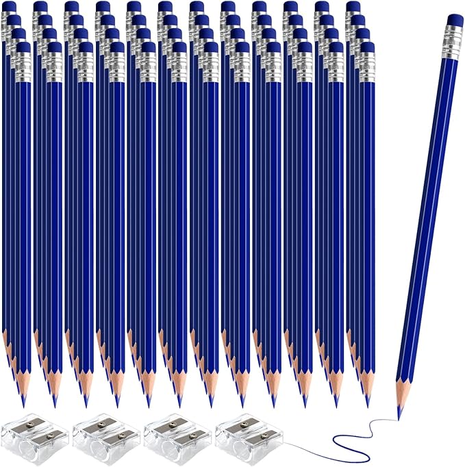 48 PCS Dark Blue Checking Pencils Erasable Colored Pencils with Eraser Pre-Sharpened 2 HB for Checking, Grading, Tests & Office/School Supplies (Dark Blue)