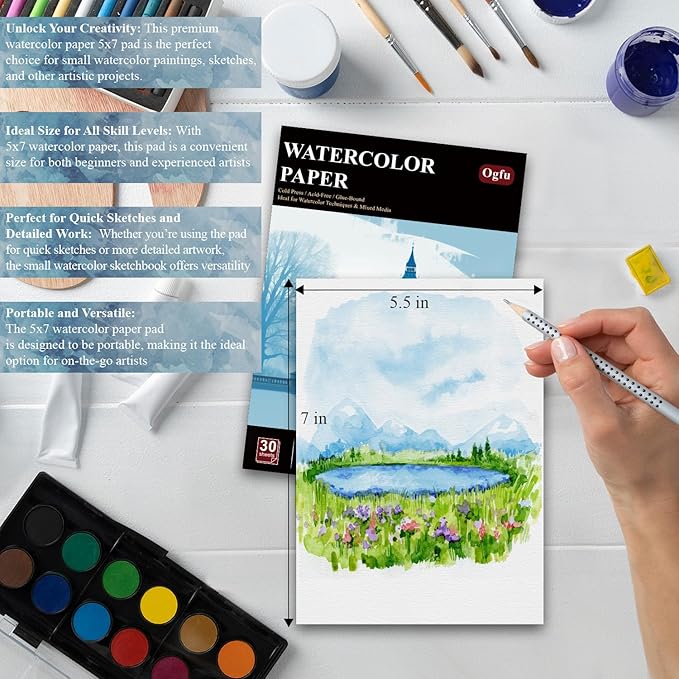 Watercolor Paper 5x7, Small Watercolor Sketchbook, 30 Sheets (60pages) 140 lb Cold Press Water Color Paper, 300gsm Paper for Water Color Paint, Watercolor Art Supplies for Adults & Beginners.