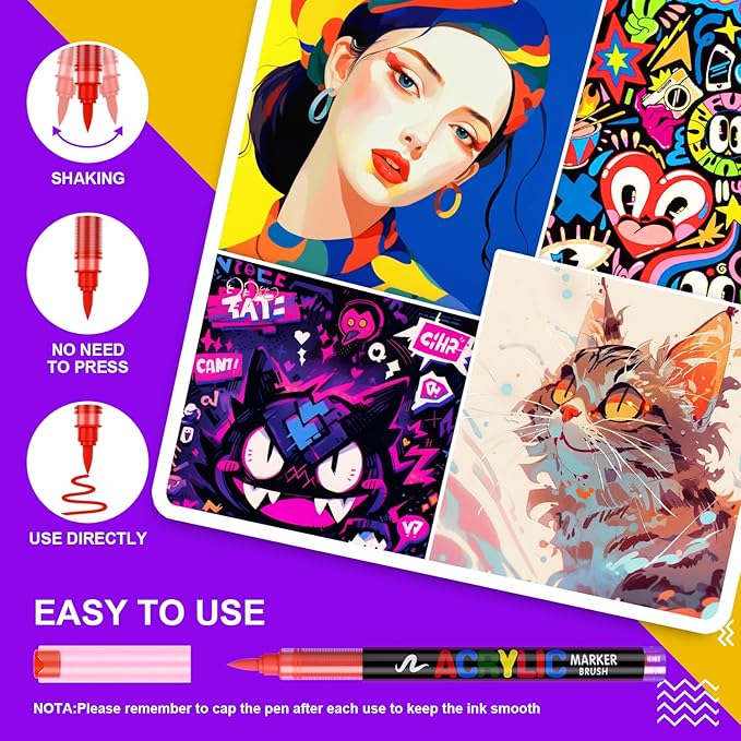DICEKOO 240 + 2 Colors Acrylic Paint Markers with Carrying Case, Soft Brush Tip Acrylic Pens, Smooth Writing, Quick-Drying, Lightfast, for Rock Painting, Canvas, Wood, Egg & DIY Crafts Art Supplies