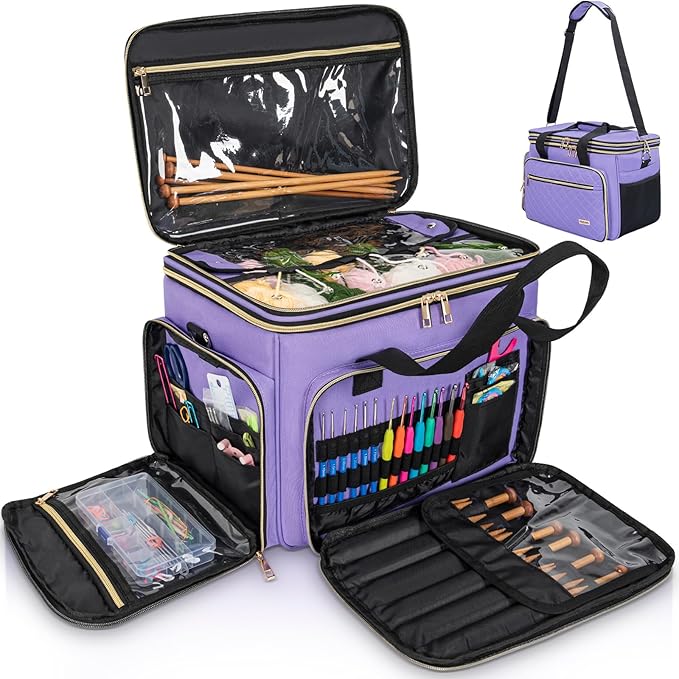 Knitting Bag Yarn Storage Tote, Large Crochet Organizer Bag, Yarn Holder Case for Knitting Needles, Knitting Project Bag with Inner Divider for Crochet Hooks, Knitting Accessories, Purple