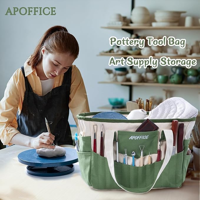 Pottery Tools Bag with Pockets for Clay Sculpting Tools, Ceramic Tools– Art Supply Organizer for Polymer Clay Tools, Craft Tote, Yarn & Crochet Storage, Washable Canvas Artist Bag Gift
