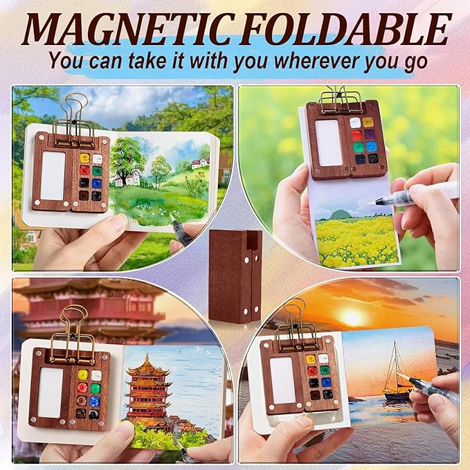 Mini Watercolor Travel Set, 2026 New Portable Pocket Artist Watercolor Paint Set with Picture Book, Wooden Paint Palette for Painters, Artists, and Students (8 Grids with 12 Color Paints)