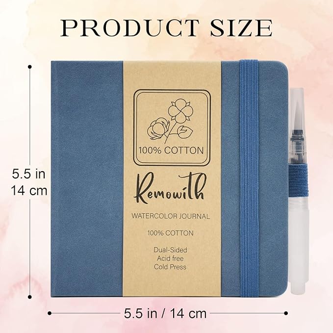 Remowith Leather Cover Watercolor Sketchbook, 6"x5.5" Journal, 300gsm Cold Press Cotton Paper (24 Sheets/48 Pages), Perfect Watercolor Journal for Markers, Pastels, Blue